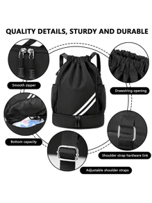 1pc Large Capacity Drawstring Sports Backpack, Fashion Gym Bag With Inner Pocket, Black Waterproof Wear-Resistant Nylon Oxford Cloth Material, With Bottom Shoe Compartment And Side Mesh Pockets And Wide Drawstring School Bag, Suitable For Men And Women Football Basketball Travel Yoga Swimming Cycling Shoulder Bag Travel Bag