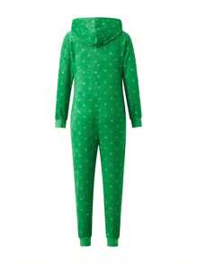 Women Christmas Home Jumpsuit, Star/Stripe Hooded Long Sleeves Zip-Up Fleece Pajamas For Night Sleep, S/M/L/XL