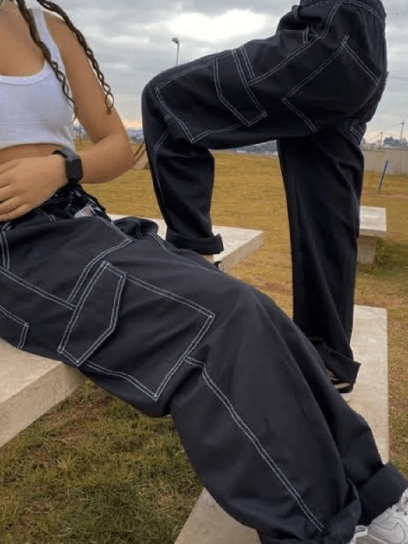 Unisex Cargo Pants Wide Leg Twill With Pockets, Loose, Cozy, - 白線 - 查看 1