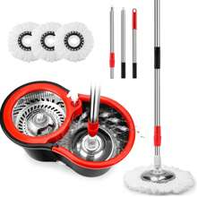 Spin Mop And Bucket, Mop And Bucket With Wringer Set 360° Spinning Mop Bucket With 3 Microfiber Mop Heads 61" Telescoping Handle For Office And Home Floor Cleaning (Black) - 黑色 - 查看 1