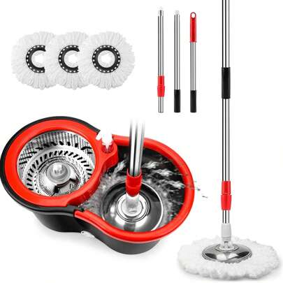 Spin Mop And Bucket, Mop And Bucket With Wringer Set 360° Spinning Mop Bucket With 3 Microfiber Mop Heads 61" Telescoping Handle For Office And Home Floor Cleaning (Black)