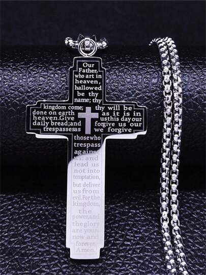 1pc Stainless Steel Cross Pendant Engraved Bible Necklace For Men Women Catholic Prayer Lucky Amulet Jewelry