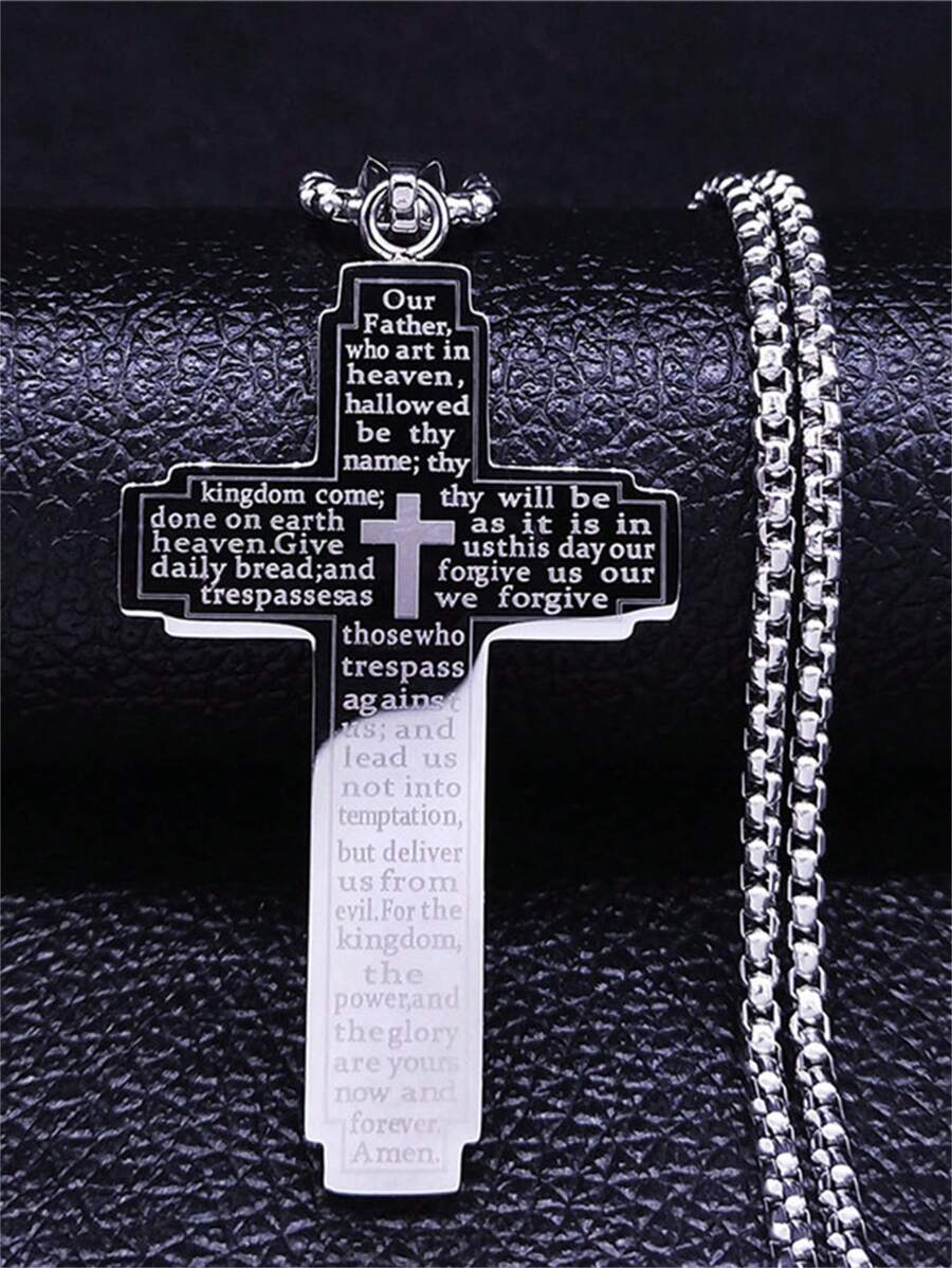 1pc Stainless Steel Cross Pendant Engraved Bible Necklace For Men Women Catholic Prayer Lucky Amulet Jewelry - Silver - View 1