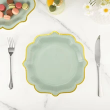 10 Stück salbeigrüne Pappteller mit goldfarbener Folie, Schaumkante, Einweg-Dessertteller für Hochzeit, Geburtstag, Party Zubehör, Tisch Dekoration