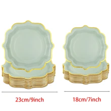 10 Stück salbeigrüne Pappteller mit goldfarbener Folie, Schaumkante, Einweg-Dessertteller für Hochzeit, Geburtstag, Party Zubehör, Tisch Dekoration