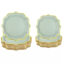 10 Stück salbeigrüne Pappteller mit goldfarbener Folie, Schaumkante, Einweg-Dessertteller für Hochzeit, Geburtstag, Party Zubehör, Tisch Dekoration