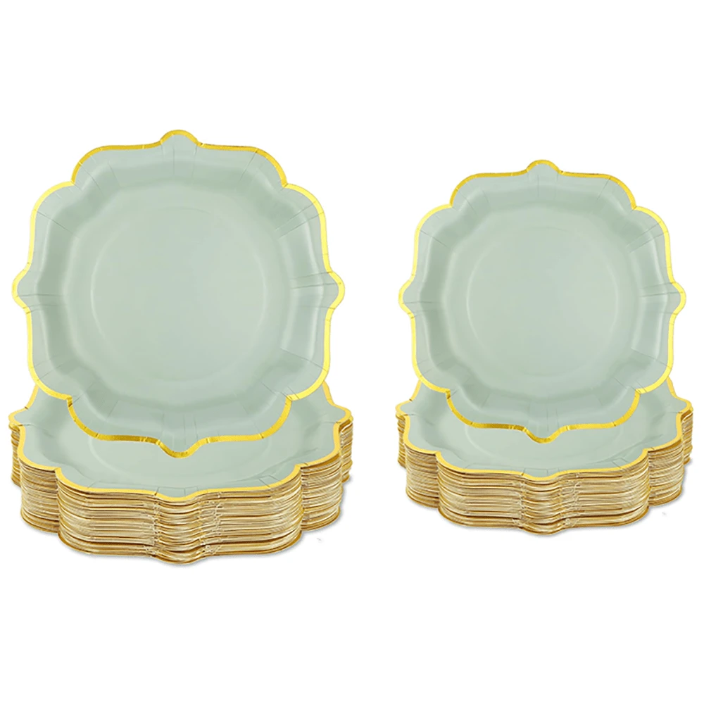 10 Stück salbeigrüne Pappteller mit goldfarbener Folie, Schaumkante, Einweg-Dessertteller für Hochzeit, Geburtstag, Party Zubehör, Tisch Dekoration