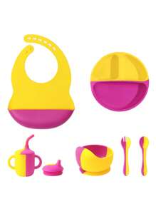 Conjunto de vajilla personalizada para bebé de 6 piezas en silicona, incluye baberos impermeables, plato portátil, cubiertos blandos, bol con ventosa, taza con tapa a prueba de fugas. Multiusos, ornamental, con letras, elegante, moderno, colorido, kawaii, adorable, lindo, casual, personalizado, único, personalizado, niño, niña