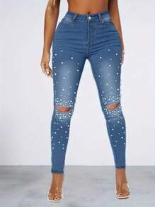 Studded Decorated Skinny Jeans, Casual Hole Ripped Skinny Jeans, Women's Casual Skinny Jeans, Denim Clothing - 藍色 - 查看 4