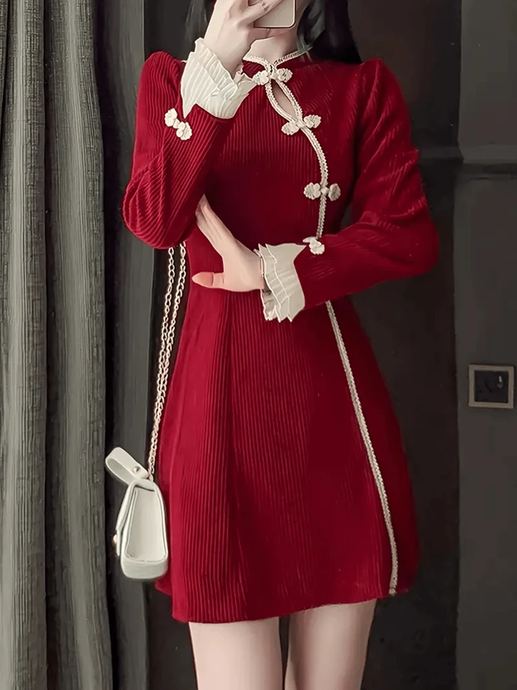 Nuevo vestido cheongsam de cuello alto estilo chino para mujeres, Qipao moderno de flujo para todo el año, de oficina a cena, vacaciones de primavera, elegante estilo cultural - Rojo - Añade 4