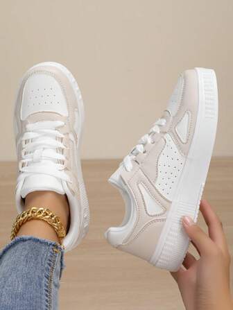 Women's Lace-Up Bicolor Breathable Low-Top Casual Sneakers, Comfortable Lightweight Simple Style Fashion Thick Sole Walking Shoes, Versatile Skateboard Shoes, Platform