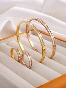 4 Pcs Of Light Luxury Design Advanced Simple Stainless Steel Single Row Drill Bracelet Ring Suitable For Holiday Gifts Friends