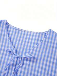 Womens Tie-Up Front Tops Long Sleeve V Neck Plaid Print Shirts Blouses With Heart Pockets - màu xanh nhạt - Xem 6