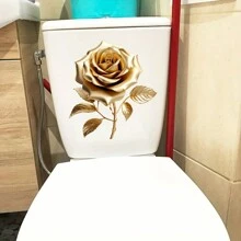 1pc Golden Rose Creative Toilet Sticker, Self-Adhesive Bathroom Home Decor Wall Sticker, Door Sticker, Refrigerator Sticker, Window Sticker, Toilet Sticker, Beautiful Home Decor, Room Decor, Beautify Your Home Bathroom Decor Summer