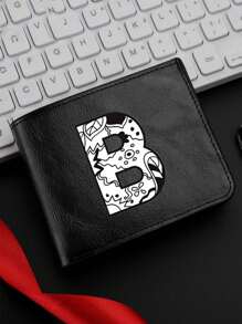 1 件时尚字母印花黑色钱包男士双折钱包休闲商务短钱包可折叠多卡槽送给他的完美礼物男士钱包钱包小钱包男士钱包真皮 - 黑色 - 查看 30