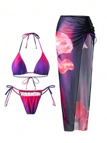 3 Piece Triangle Halter Tie Dye String Bikini Set Bra Swimming Trunks With Long Cover Up Skirt, For Summer Beach Vacation