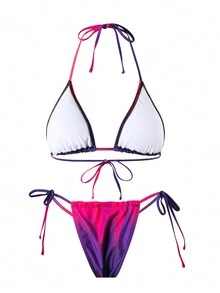 3 Piece Triangle Halter Tie Dye String Bikini Set Bra Swimming Trunks With Long Cover Up Skirt, For Summer Beach Vacation