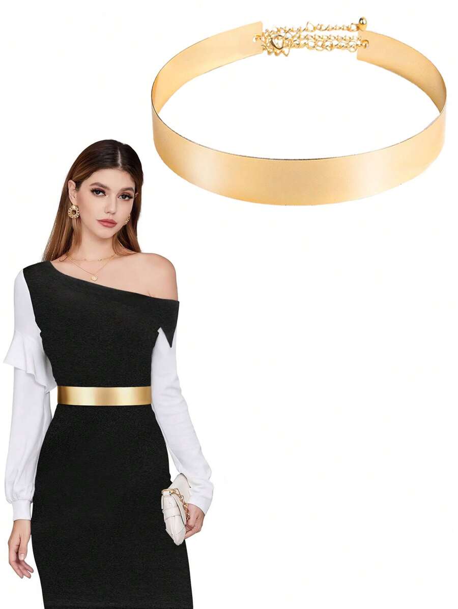 Women Full Metal Sleek Mirror Plate Waistband Belt Chain Dress Decorated Skinny Golden Silver Belt Halloween Fall, Autumn, Halloween