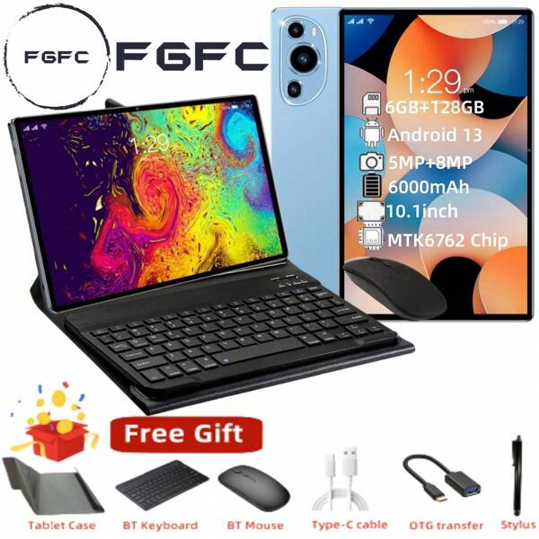 FGFC Brand/P60 Art (Blue Set)/10.1-Inch FHD Android 13 Tablet/MTK6762, 8-Core, 2.0GHz/Actual RAM 6GB+ROM 128GB/1920x1200px Resolution/6000mAh Lithium-Ion Battery/802.11ac Wifi 2.4G&5G/5.0 Bluetooth/Supports 4G LTE SIM*2 Cards And TF*1 Card (Supports 128GB Expansion)/500w Front Camera & 800w Rear Camera