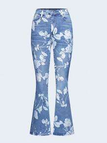Women Floral Printed Bootcut Jeans High Waisted Stretch Baggy Retro Flare Bell Bottom Denim Pants - 淺色水洗藍 - 查看 2