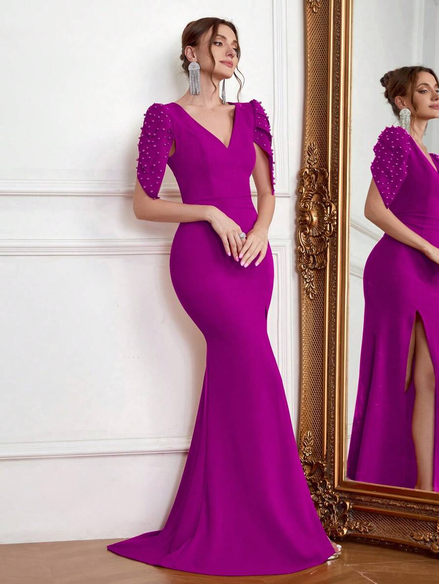 Backless V-Neck Formal Evening Gown, Embellished Fitted Elegant Dress With Train, Party Dress, Wedding Guest Dress Spring - Purple - View 1