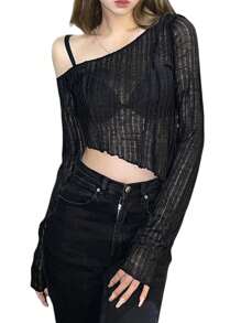Womens Casual Long Sleeve T-Shirt Fashion Solid Color Oblique Shoulder Irregular Exposed Navel Tops