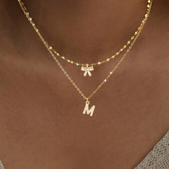 2Pcs/Set Simple Fashion Crystal Bowknot Initial Pendant Gold Color Stainless Steel Lip Chain Necklaces For Women