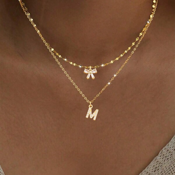 2 Stück/Set einfache Mode Kristall Schleife Pavé Zirkonia Initialen Anhänger goldfarben Edelstahl Lippen Kette Halskette für Frauen Valentinstag