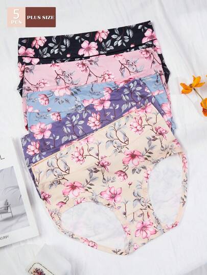 5pcs Plus Size Women Lotus Print Elegant & Comfortable Underwear, Extra Wide Triangle Briefs
