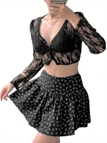 Sweet Girl Floral Lace See Through Cardigan Shirt Women Long Sleeve V Neck Slim Crop Top Beach Club Single Breasted Blouse - 黑色 - 查看 4