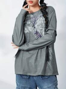 Women Vintage Graphic Grunge Tops Y2K Goth Long Sleeve Fake Two Shirts Spring Fall Alt Clothing For Teen Streetwear