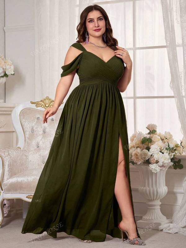 UNITHORSE Vestido de novia de gasa con hombros descubiertos y mangas cortas para mujer de talla grande, vestido elegante, conjunto de cumpleaños para mujer, vestido de graduación, vestido formal, vestido de dama de honor