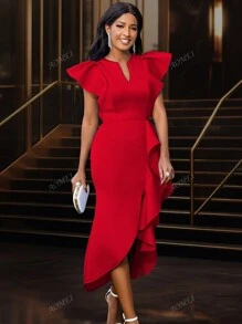 Dames Lente Pasen Sexy Feest Stijlvolle Asymmetrische Ruffles Split Jurk, Voor Verjaardagen, Bruiloftsgasten, Afstuderen, Diner, Thuiskomst