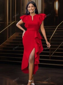 Dames Lente Pasen Sexy Feest Stijlvolle Asymmetrische Ruffles Split Jurk, Voor Verjaardagen, Bruiloftsgasten, Afstuderen, Diner, Thuiskomst