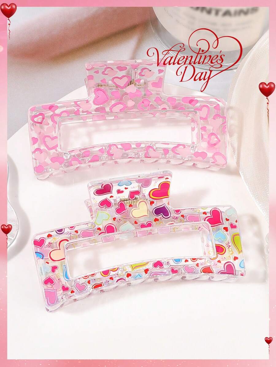 2 件套情人节心形图案可爱甜美半透明发夹，情侣礼物，适合春夏日常佩戴