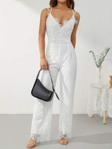 Women Elegant Jumpsuit, Spaghetti Straps V Neck Solid Color Lace Open Back One Piece Wide-Leg Jumpsuits Long Playsuit