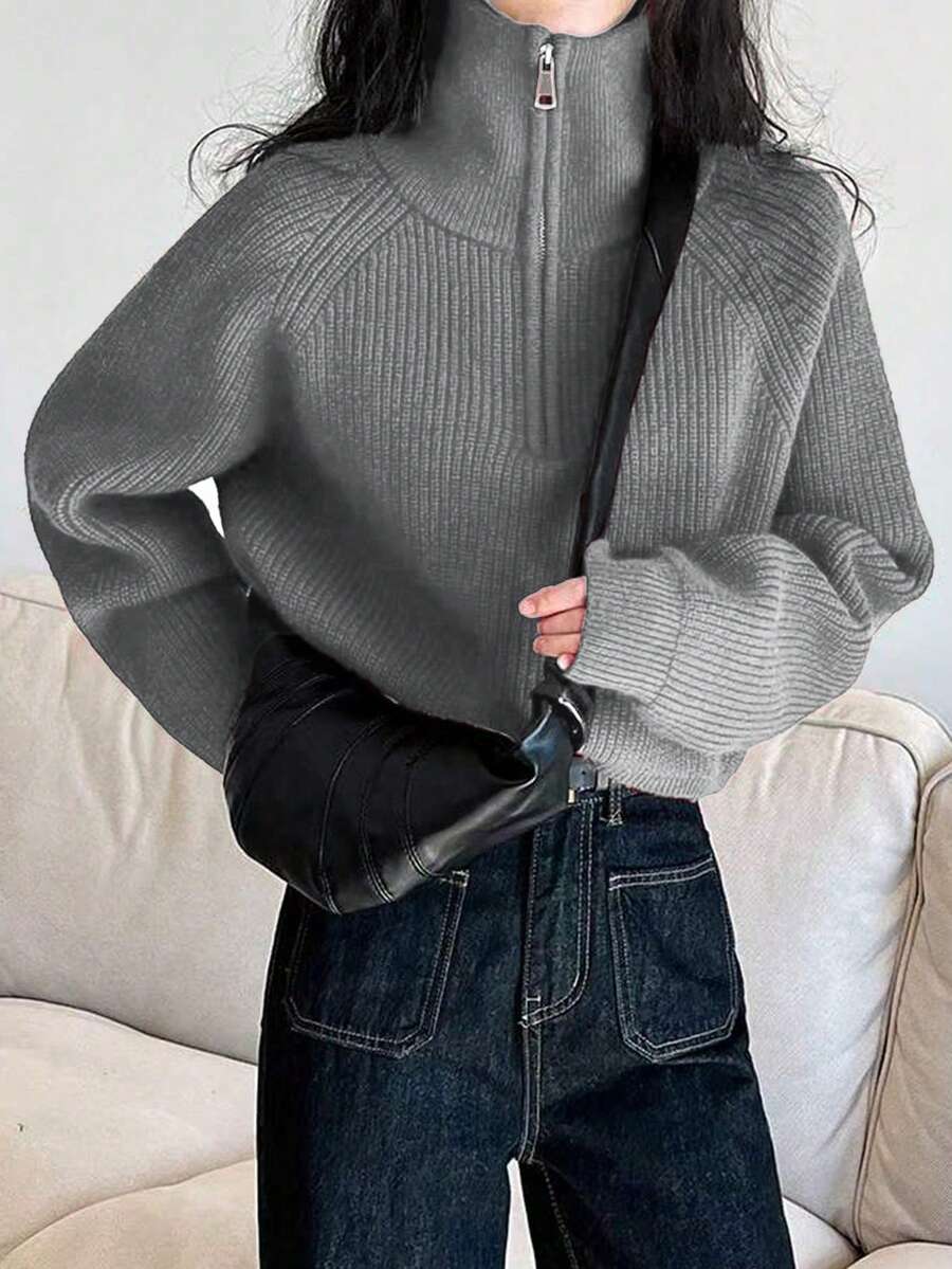 女式纯色前拉链长袖休闲上衣 - 灰色 - 查看 1