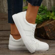 女士休闲低帮运动鞋，春秋季新款学生滑板鞋，运动系带跑步网球训练鞋，百搭白鞋 - 白色 - 查看 1