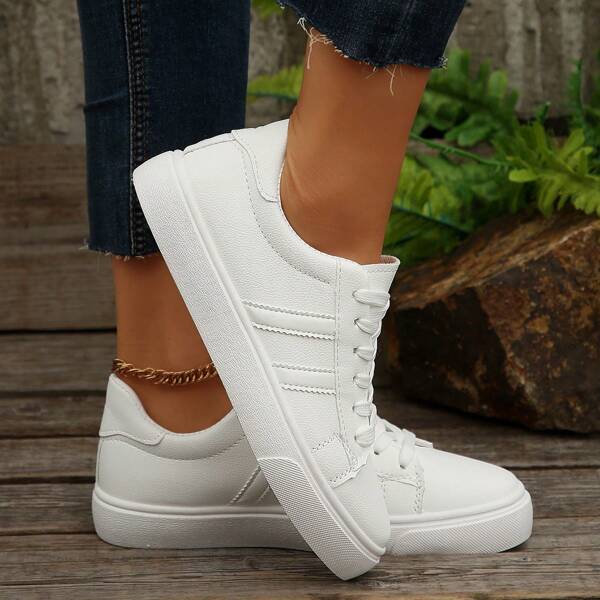 Women Casual Low-Top Sneakers, Spring/Autumn New Student Skate Shoes, Sports Lace-Up Running Tennis Trainers, Versatile White Shoes