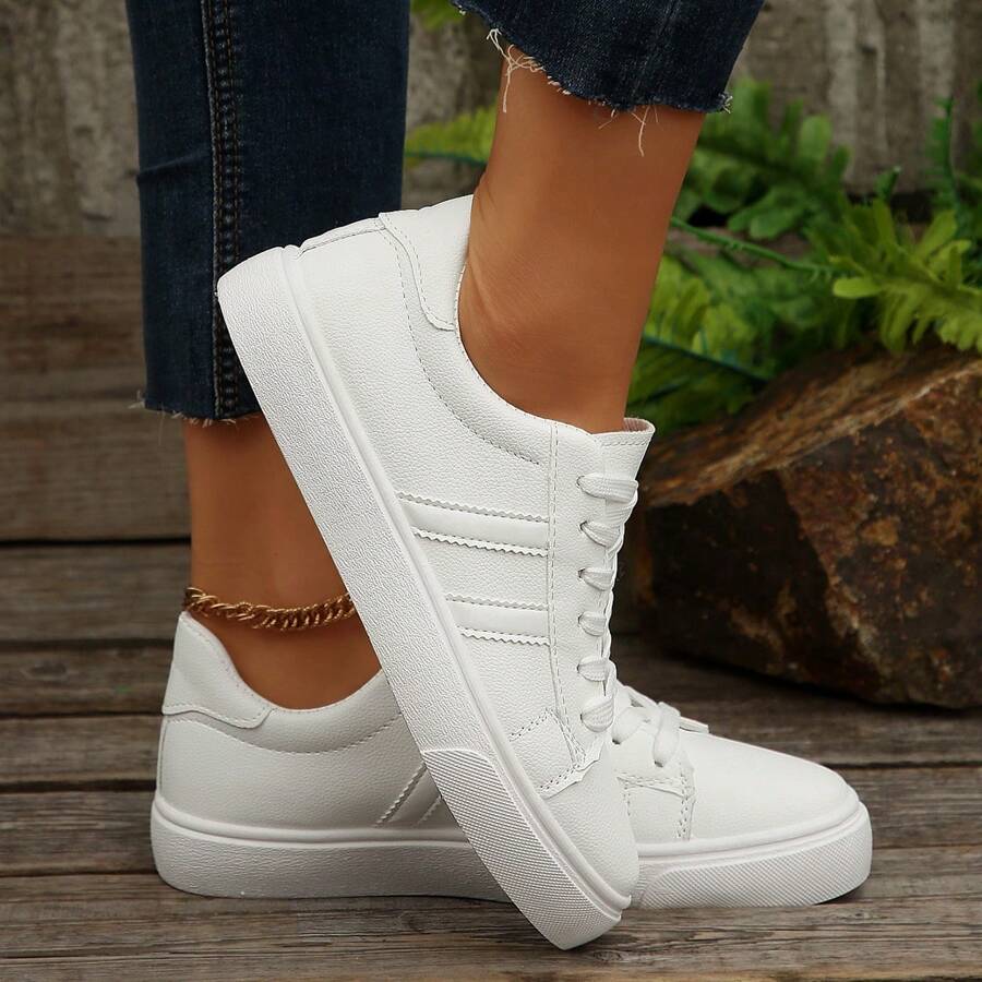 女士休闲低帮运动鞋，春秋季新款学生滑板鞋，运动系带跑步网球训练鞋，百搭白鞋 - 白色 - 查看 1