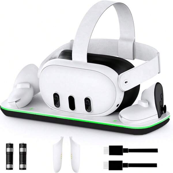 JOMAA 3 In 1 Charging Dock For Oculus Quest 3 RGB Rechargeable Batteries Charging Stand Charger Display Stand With 2 Rechargeable Batteries/USB-C Cable(White)