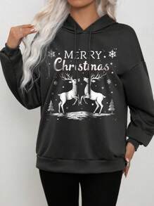 Dessin animé de Noël wapiti lettre anglaise slogan imprimé autocollants sweat-shirt à épaules dénudées pour femme Curve sweat-shirt surdimensionné automne et hiver décontracté polyvalent cordon de serrage à capuche ample style collège de rue femmes automne et hiver nouveau style