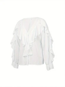Women Button-Down Ruffle Shirt, Adults Solid Color/Letter/Butterfly/Plant Print V-Neck Long Sleeve Blouse - 白色 - 查看 5
