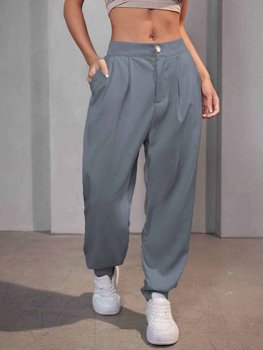 Women's High Waist Casual Pants - Xám - Xem 1
