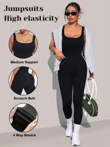 VVX Shapewear Bodysuit For Women Tummy Control Square Neck Seamless Ribbed One Piece Jumpsuit Sleeveless Tank Top Leggings - màu đen - Xem 1