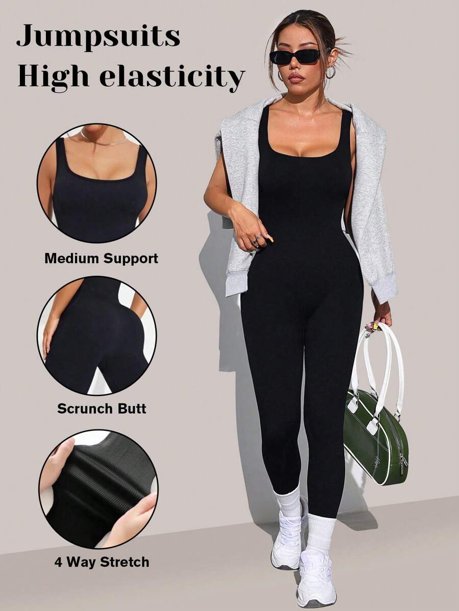 VVX Shapewear Bodysuit For Women Tummy Control Square Neck Seamless Ribbed One Piece Jumpsuit Sleeveless Tank Top Leggings - màu đen - Xem 1