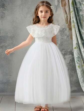 Elegant White Lace Tulle Sequins Dress With Pearls Flower Girl Junior Bridesmaid Girl's Wedding Dress Baptism Dress Blessing Dress White Gown
