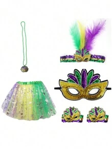 6 件狂欢节头带，适合狂欢节化妆舞会面具派对的炫目头带，羽毛，迷人紫色、黄色、绿色，带项链、手链、礼服套装 - 6PCS - 查看 3