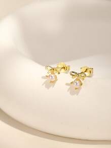 1Pair Bowknot /Shell Faux Pearl Pendant 925 Sterling Silver Hypoallergenic Earring For Women Romantic Stud Earring Perfect For Valentine's Day/Girl Friend Gift Bridal Jewelry Fine Jewelry Valentines