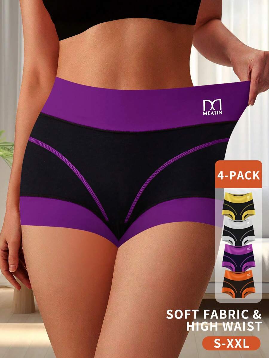 QUASTI 4 Pcs Women's Comfortable & Soft Dopamine Inspired High Waist Colorblock Panties - Safety Shorts Women Stretch Bottoms - 彩色 - 查看 1